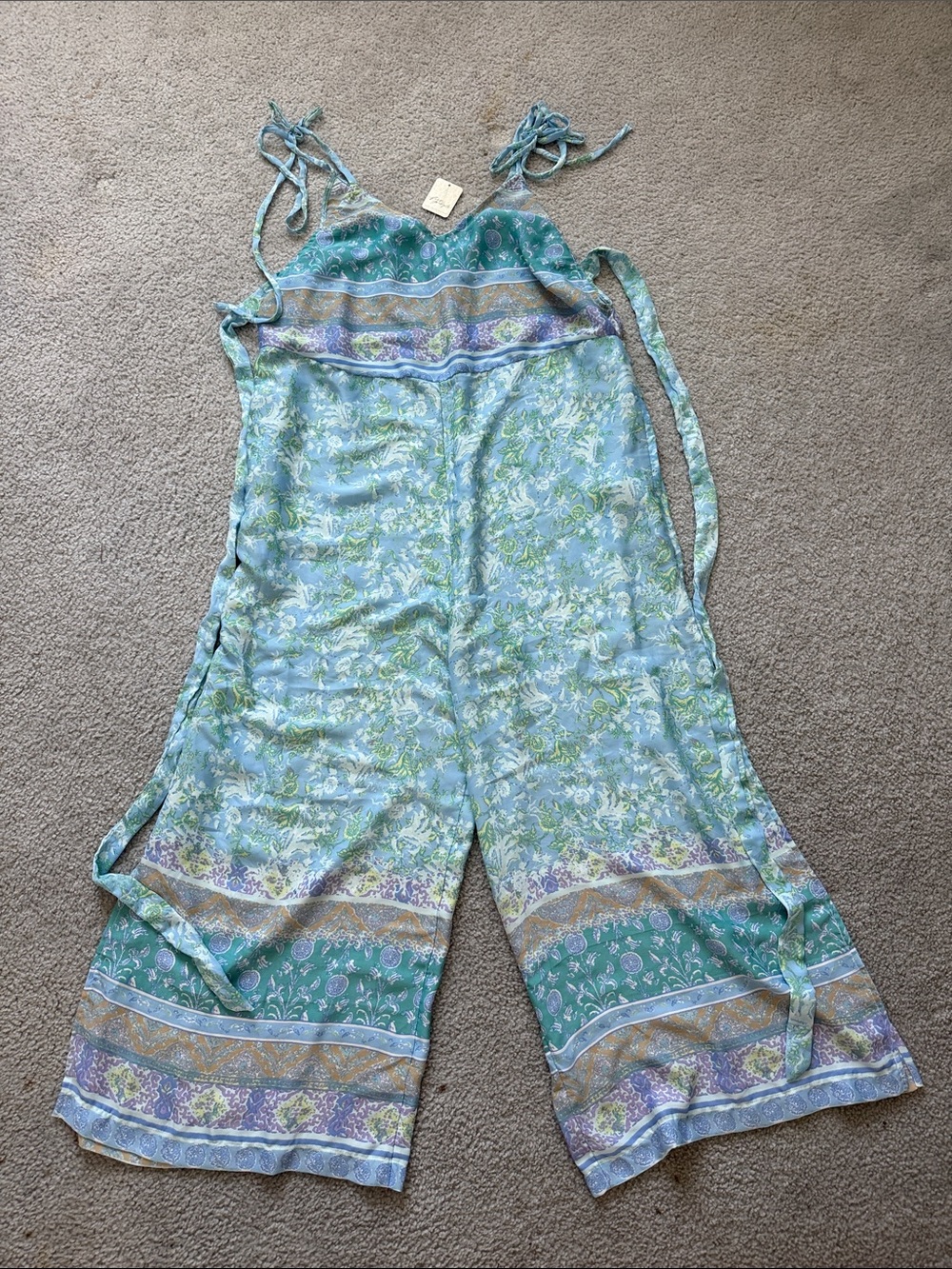 Free People Sky Blue & Green Floral Wide-Leg Jumpsuit